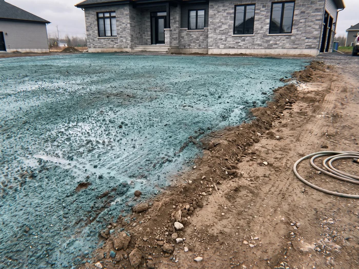 Terre nivelée recouverte d'un mélange d'hydroensemencement bleu-vert, la teinte marquant la surface déjà traitée.