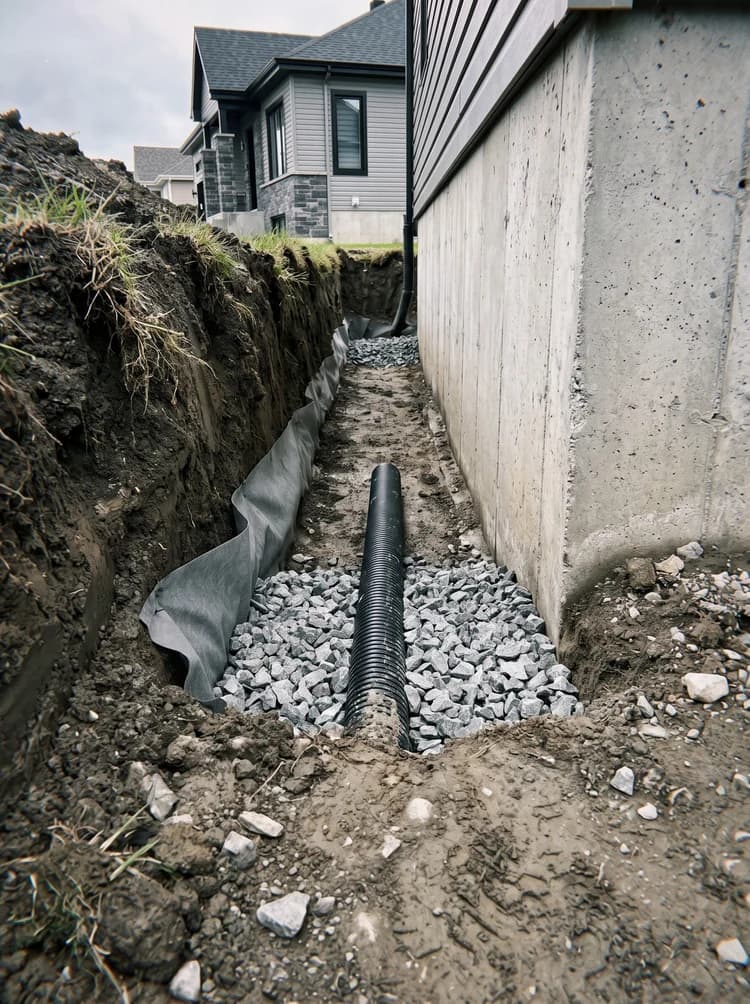 Drain et pierre nette au fond d'une tranchée
