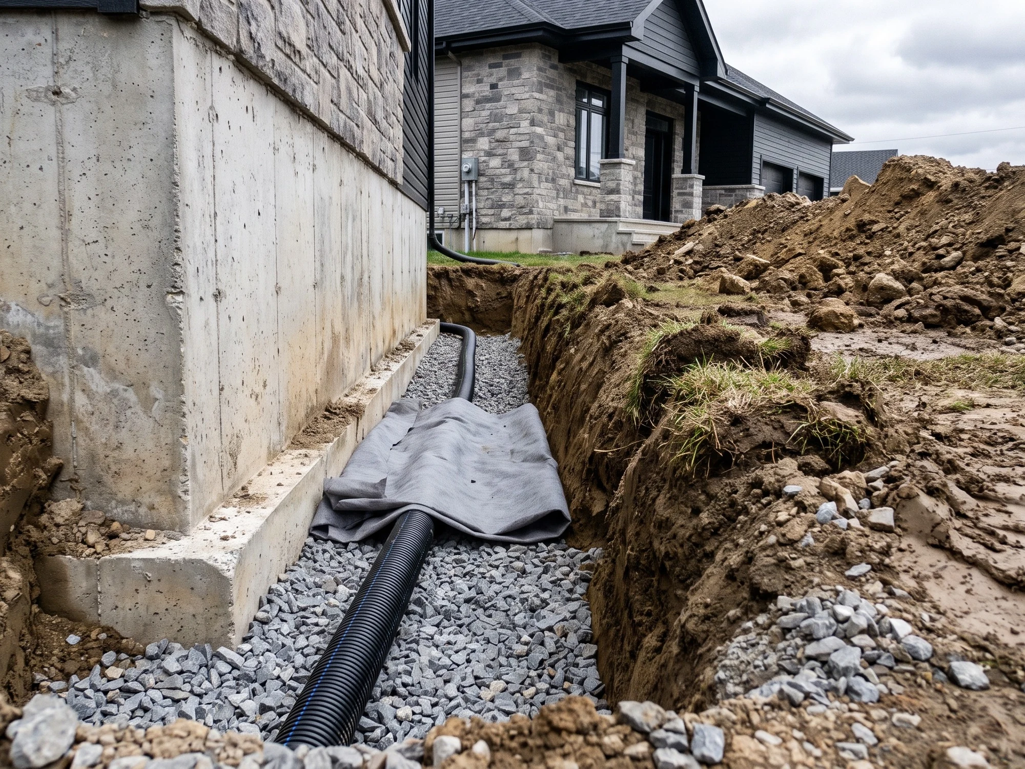 Tranchée ouverte le long d'un mur de fondation de béton, tuyau de drain perforé noir posé au fond dans la pierre nette.